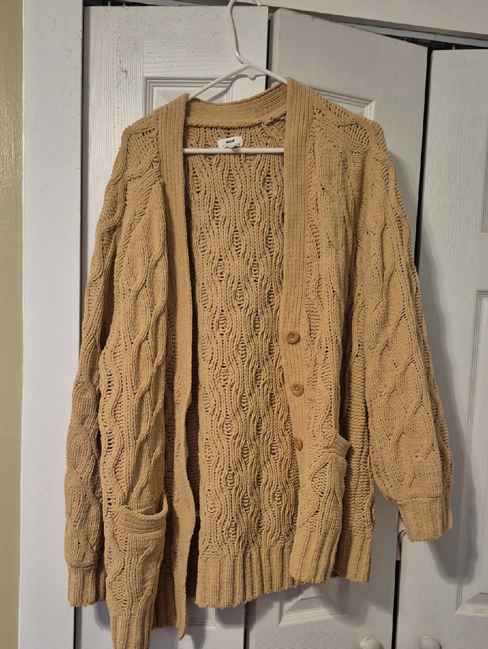 aerie Camel Cable Knit Button-Front Cardigan